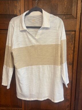 Belle by Kim Gravel Cream and Tan Striped Collared Top